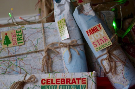 Presents wrapped in road maps